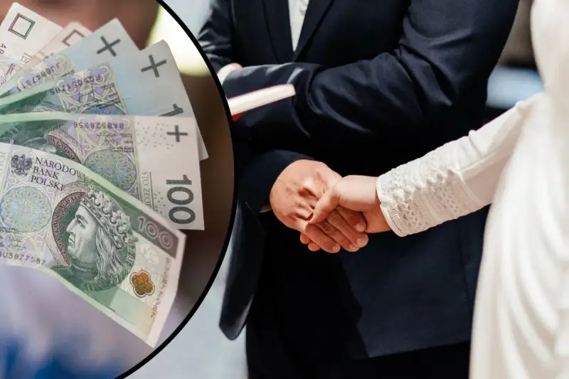 Pieniądze na ślub, ile dać księdzu? Złotówki w ręku pary młodej, symboliczne wsparcie dla ceremonii.
