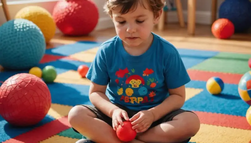 Chłopiec z zaburzeniem sensorycznym bawi się kolorowymi piłkami na macie.