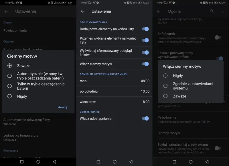 Ustawienia telefonu z włączonym ciemnym motywem Google. Wybór opcji: Zawsze, Automatycznie, Tylko w trybie oszczędzania baterii lub Nigdy.