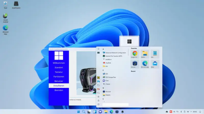 Linuxfx Installationsprogramm mit Android-Optionen, das auf einem Windows 11-Desktop läuft. Ein Fenster zeigt "Android File Transfer (MTP)" und andere Programme.