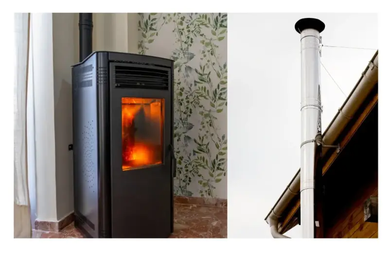 Poêle à granulés allumé, avec son conduit d'évacuation. Le diamètre du tubage poêle à granulés est crucial pour une bonne évacuation.