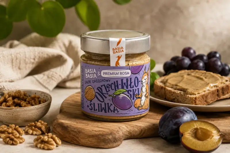 Krem orzechowo-śliwkowy na śniadanie, idealny dla osób na dieta fodmap. Na zdjęciu słoik z kremem, orzechy włoskie, śliwki i tost.