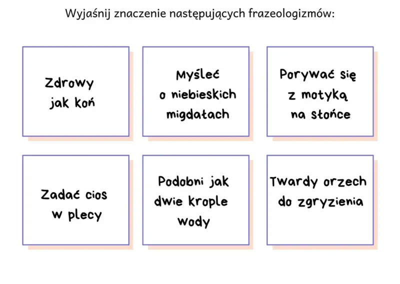 Zestawienie frazeologizmów: "zdrowy jak koń", "myśleć o niebieskich migdałach", "porywać się z motyką na słońce", "zadać cios w plecy", "podobni jak dwie krople wody", "twardy orzech do zgryzienia".