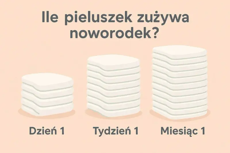 Ile dziecko zużywa pampersów dziennie? Ilustracja pokazuje stosy pieluszek na Dzień 1, Tydzień 1 i Miesiąc 1, wizualizując zużycie.