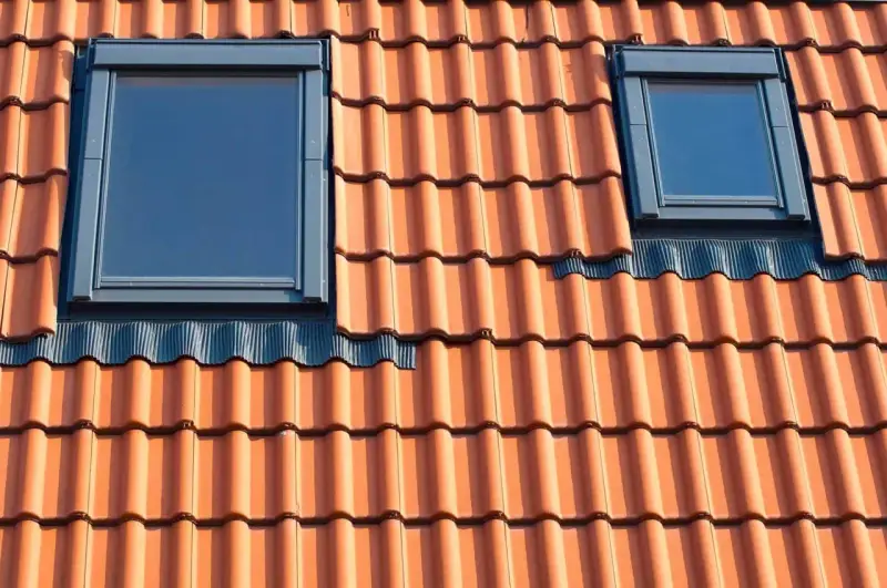 Dwa nowoczesne okienka w dachu, osadzone w ceramicznej dachówce.