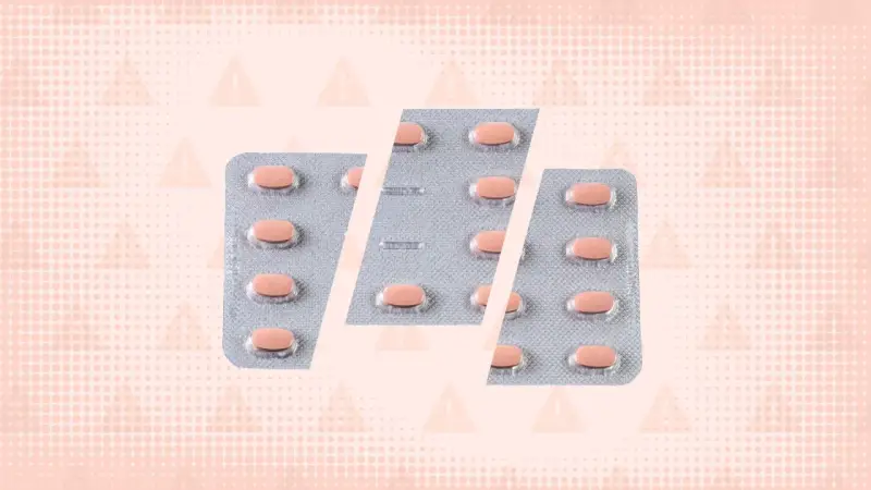 Blister opakowań tabletek, każda zawiera ketrel 25 mg. Tło z ostrzegawczymi trójkątami.