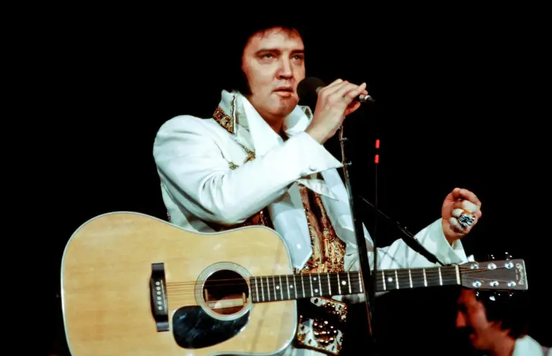Elvis Presley singt mit Gitarre und Mikrofon, ein Bild, das sein immenses Vermögen symbolisiert.