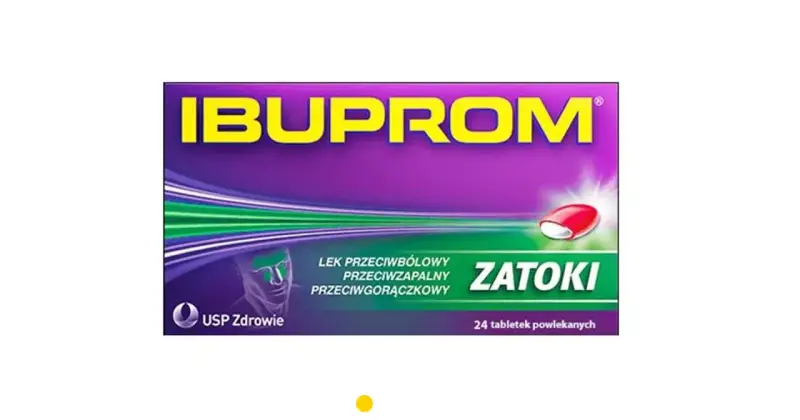 Opakowanie Ibuprom Zatoki, leku przeciwbólowego, przeciwzapalnego i przeciwgorączkowego, z wizerunkiem głowy i zielonymi akcentami.