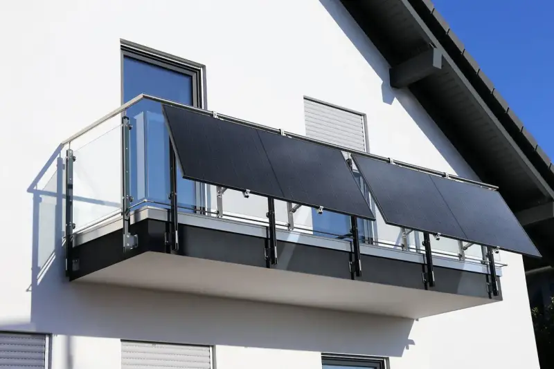 Nowoczesna fotowoltaika na tarasie. Panele słoneczne zamontowane na balustradzie, czerpiące energię ze słońca.