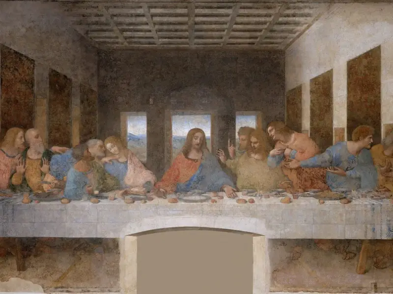 Ostatnia Wieczerza. Jezus i apostołowie przy stole, każdy z nich ma swoje imiona, choć nie są podpisane.