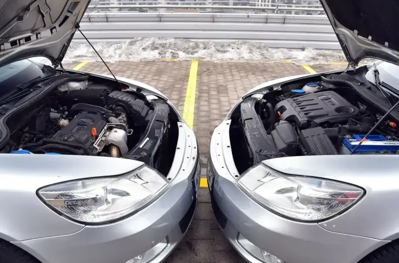 Dwa silniki samochodowe, jeden z napisem TDI (diesel), drugi bez widocznego oznaczenia, stoją obok siebie. Dylemat: diesel czy benzyna?
