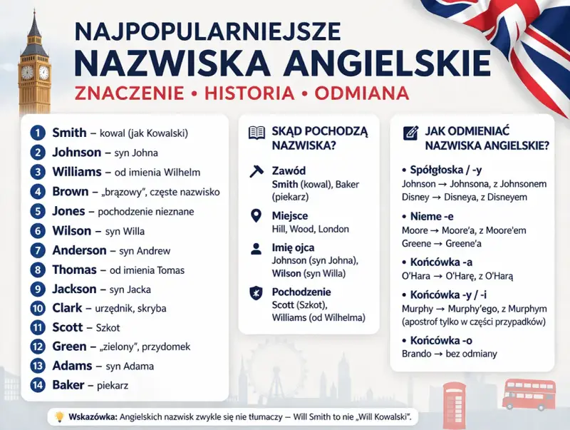 Najpopularniejsze oryginalne angielskie nazwiska: Smith (kowal), Johnson (syn Johna), Williams, Brown, Jones, Wilson, Anderson, Thomas, Jackson, Clark, Scott, Green, Adams, Baker.