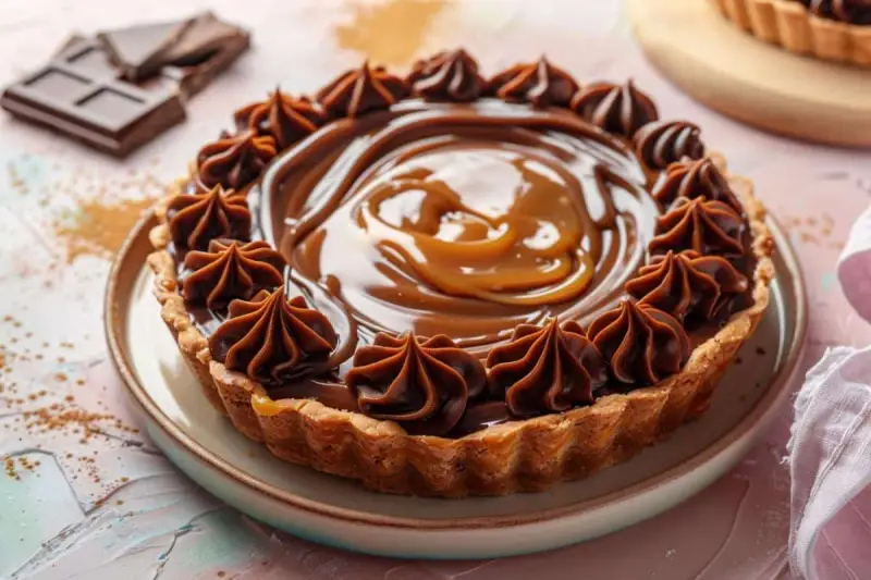 Une délicieuse tarte chocolat légère, garnie de crème onctueuse et de rosettes de chocolat, prête à être dégustée.