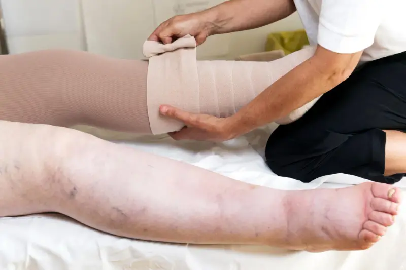 Beine werden bandagiert, um die Lymphdrainage selbst machen zu können.
