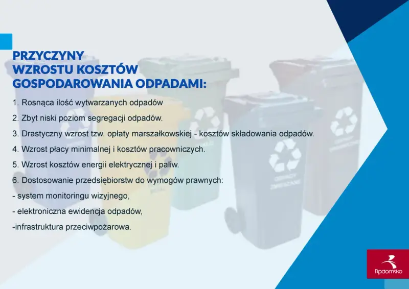 Przyczyny wzrostu kosztów gospodarowania odpadami: rosnąca ilość śmieci, niska segregacja, opłaty, płaca minimalna, energia, paliwo, wymogi prawne, monitoring, ewidencja, infrastruktura.