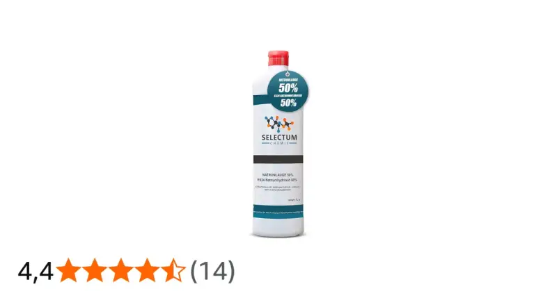 Flasche mit 1 Liter Natronlauge 50% von Selectum Chemie, geeignet für Lebensmittelqualität E524.