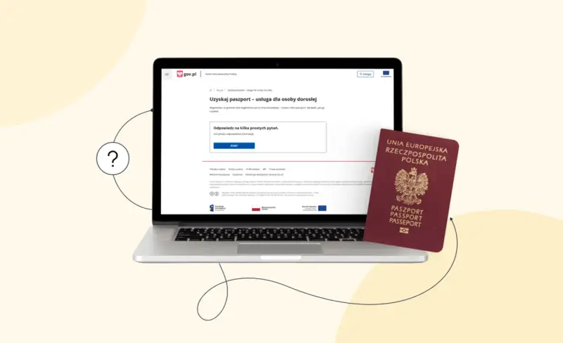 Laptop z otwartą stroną gov.pl o paszportach i polski paszport obok. Wniosek o paszport w Łodzi? Sprawdź, jak go uzyskać online.