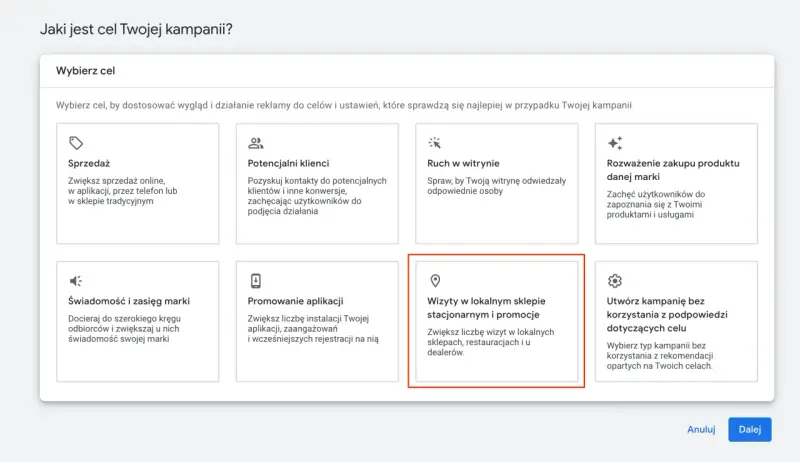 Wybór celu kampanii lokalnej Google Ads: wizyty w sklepie stacjonarnym i promocje.