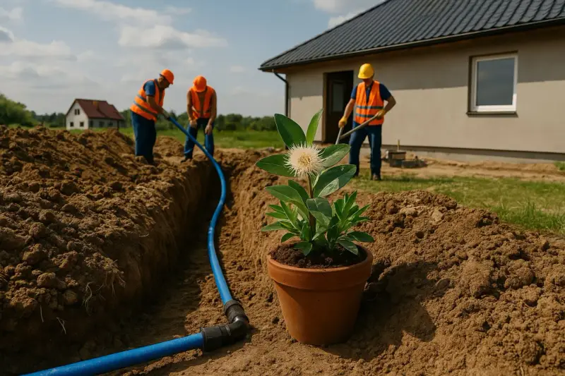 Pracownicy w kamizelkach wykonują przyłącze wody, układając niebieską rurę w wykopie. W doniczce obok rośnie kwiat.