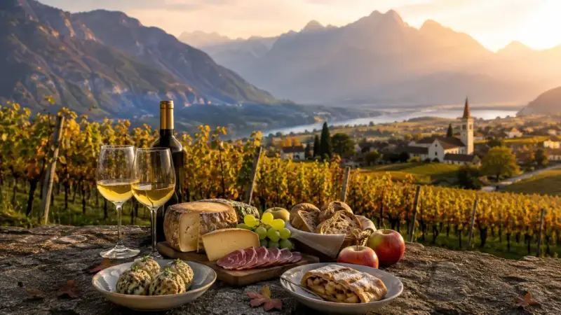 Un brindisi ai viaggi enogastronomici in Italia: vino, formaggi, pane e strudel con vista su vigneti e montagne al tramonto.