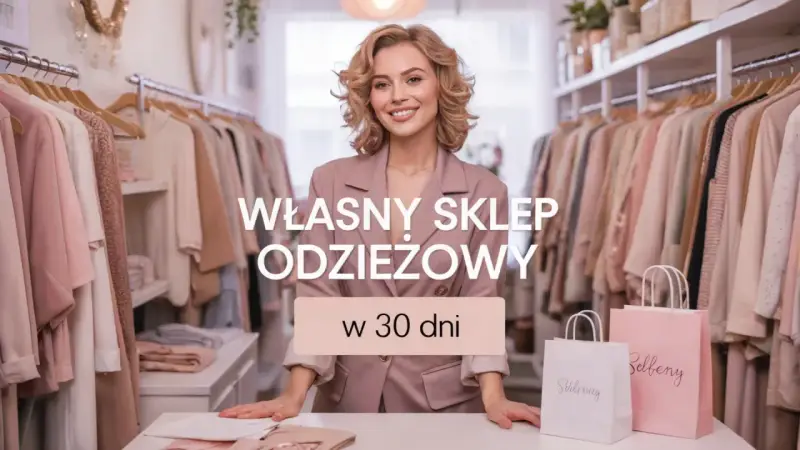 Uśmiechnięta kobieta w różowym żakiecie stoi w butiku pełnym ubrań. Tekst głosi "Własny sklep odzieżowy w 30 dni". To inspiracja dla tych, którzy marzą o własnych sieciówkach.