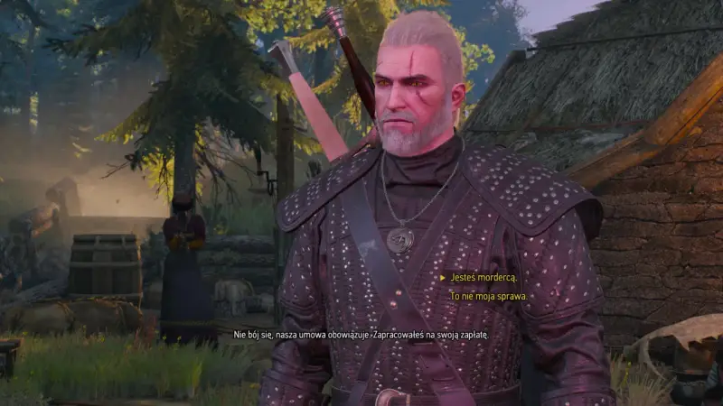 Geralt z Rivii w zbroi, w sercu lasu w Wiedźmin 3, rozmawia z kobietą.
