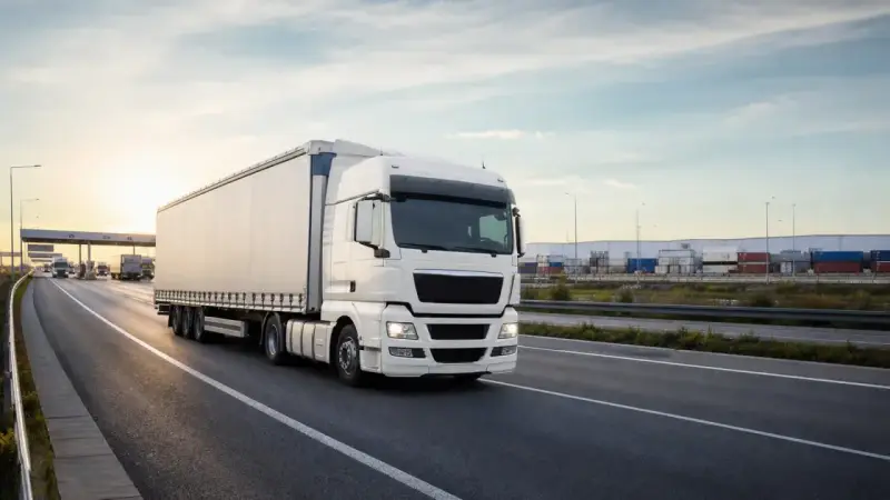 Biała ciężarówka jedzie autostradą w Holandii. W tle widać magazyny i kontenery.