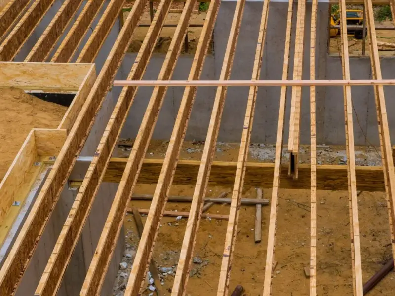 Structure en bois d'un plancher en construction. Le prix du solivage plancher m2 dépend de ces éléments.