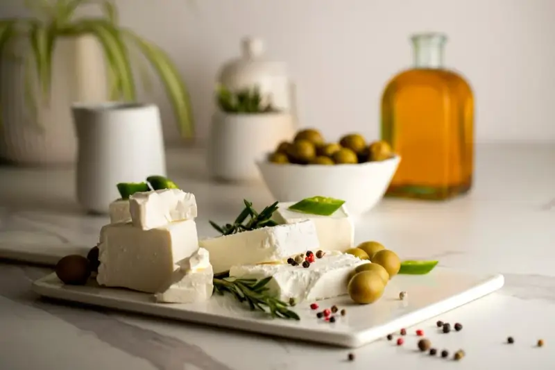 Ser feta, oliwki i oliwa z oliwek – klasyka kuchni greckiej. Idealne na letnią przekąskę.