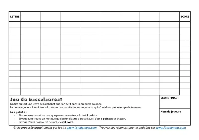 Grille de jeu "Jeu du baccalauréat" avec des colonnes pour les lettres et les scores. Un petit bac est suggéré pour le jeu.