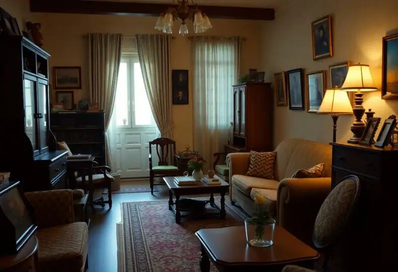 Stary salon, pamiątka po rodzicach. Wygodna kanapa, obrazy na ścianach i zabytkowe meble tworzą atmosferę spokoju.