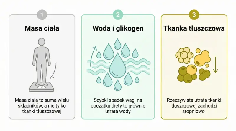 Masa ciała to suma składników, nie tylko tkanki tłuszczowej. Szybki spadek wagi to utrata wody, a rzeczywista utrata tkanki tłuszczowej w miesiąc zachodzi stopniowo.