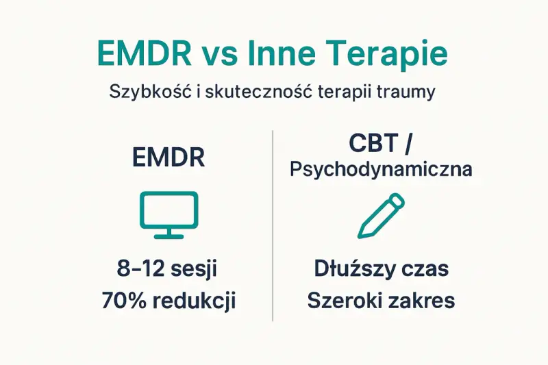 Porównanie EMDR z innymi terapiami: EMDR wymaga 8-12 sesji, oferując 70% redukcji objawów traumy.