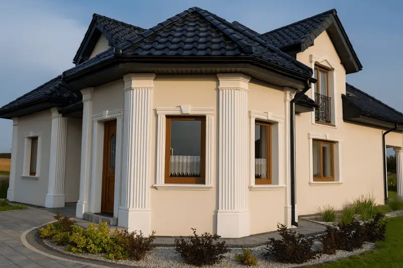 Elegancki dom z jasną elewacją, ozdobiony białymi pilastrami, co to za piękna architektura!