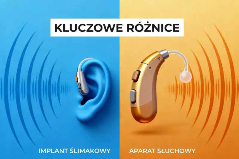 Grafika porównująca implant ślimakowy w uchu z aparatem słuchowym.