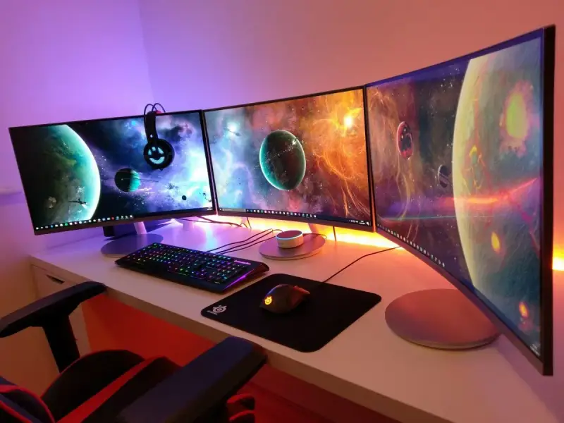 Postazione gaming con tre monitor curvi che mostrano pianeti spaziali. La tastiera e il mouse sono illuminati, pronti per ruotare schermo pc e immergersi nell'avventura.