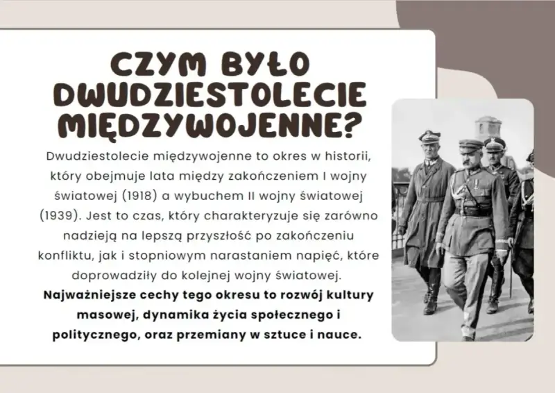 Dwudziestolecie międzywojenne, czas nadziei i napięć, to epoka rozwoju kultury masowej i przemian. Na zdjęciu żołnierze w historycznych strojach.