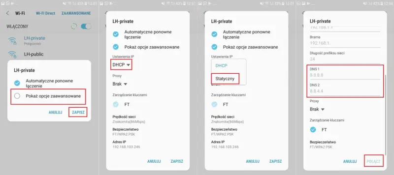 Jak zmienić DNS: wybierz "Statyczny", aby edytować adresy serwerów DNS. Zobaczysz pola na wpisanie nowych wartości.