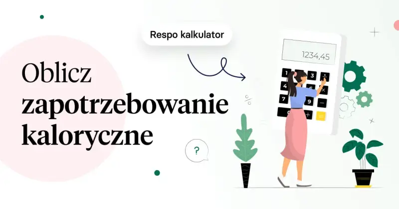 Jak obliczyć zapotrzebowanie kaloryczne? Kobieta z kalkulatorem i ikonami sugeruje łatwe rozwiązanie.