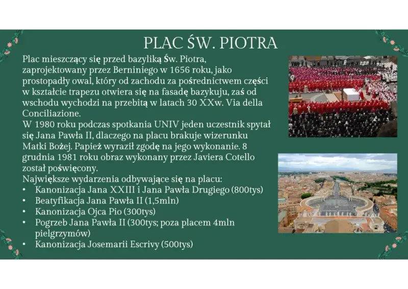 Plac św. Piotra w Watykanie, zaprojektowany przez Berniniego, to serce państwa Watykańskiego, gdzie odbywają się ważne wydarzenia.