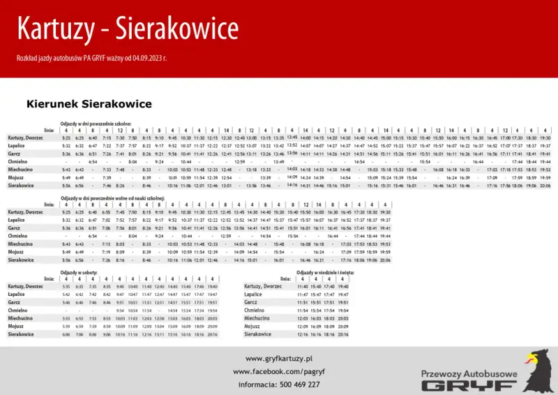 Rozkład jazdy Gryf Sierakowice Kartuzy. Autobusy kursują w dni powszednie, wolne od nauki, soboty, niedziele i święta.