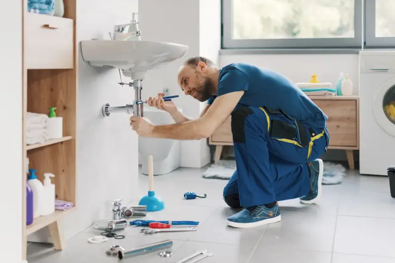 Instalator klęczy przy umywalce, pokazując, jak wymienić kran. Narzędzia i części są rozłożone na podłodze.