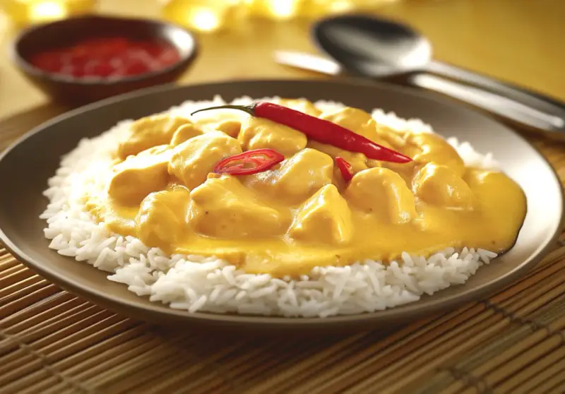 Straccetti di pollo al curry su un letto di riso bianco, guarniti con peperoncino rosso fresco. Un piatto invitante e saporito.
