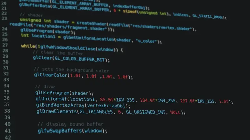 Kod w C++ do renderowania grafiki, używający OpenGL. Widać tu fragment pętli głównej, czyszczenie bufora i ustawianie koloru tła.