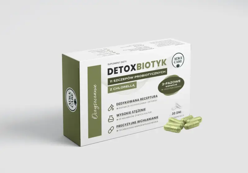 Opakowanie suplementu diety Detoxbiotyk z chlorellą, wspierające oczyszczanie. Zawiera 11 szczepów probiotycznych.