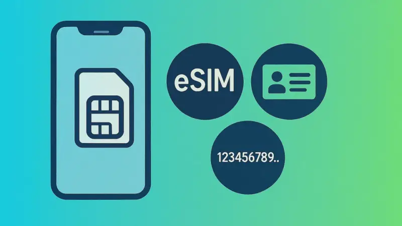 Smartphone con icona SIM, eSIM, documento d'identità e numero ICCID.