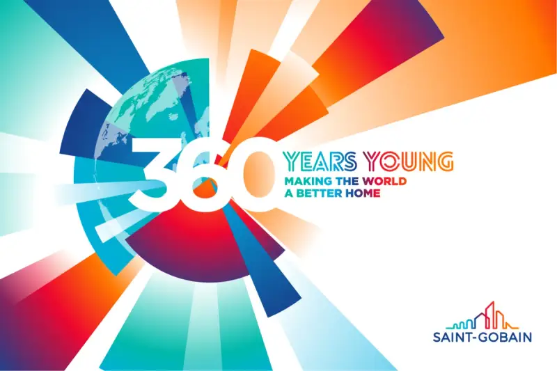 360 lat Saint-Gobain: "Making the World a Better Home". Kolorowa grafika z globusem i promieniami.