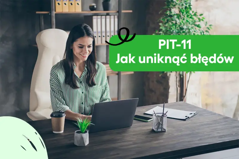 Kobieta pracuje przy laptopie, nad tekstem "PIT-11 czy trzeba rozliczać". W tle półki z dokumentami.