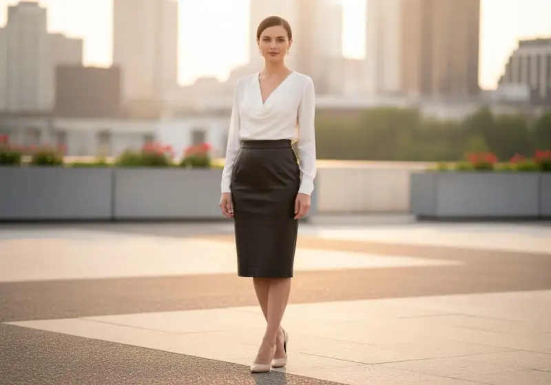 Elegancka kobieta w białej bluzce i czarnej skórzanej spódnicy, idealnie prezentująca, co pasuje do skórzanej spódnicy.