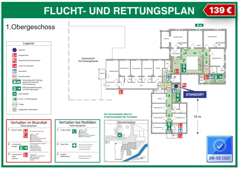 Flucht- und Rettungsplan mit Symbolen für Feuerlöscher, Rettungswege und Notausgänge. Ein Hinweis auf die Gefahren von Flusssäure ist nicht ersichtlich.